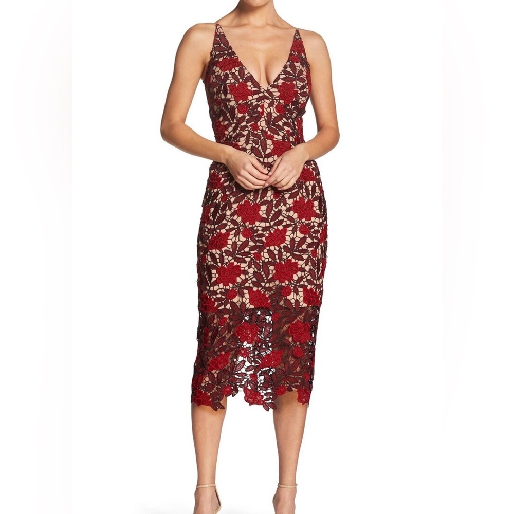 Dress the Population Red Lace Midi Dress
